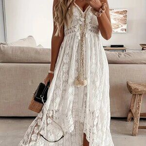 Pom Pom Tassel White Lace Maxi Dress